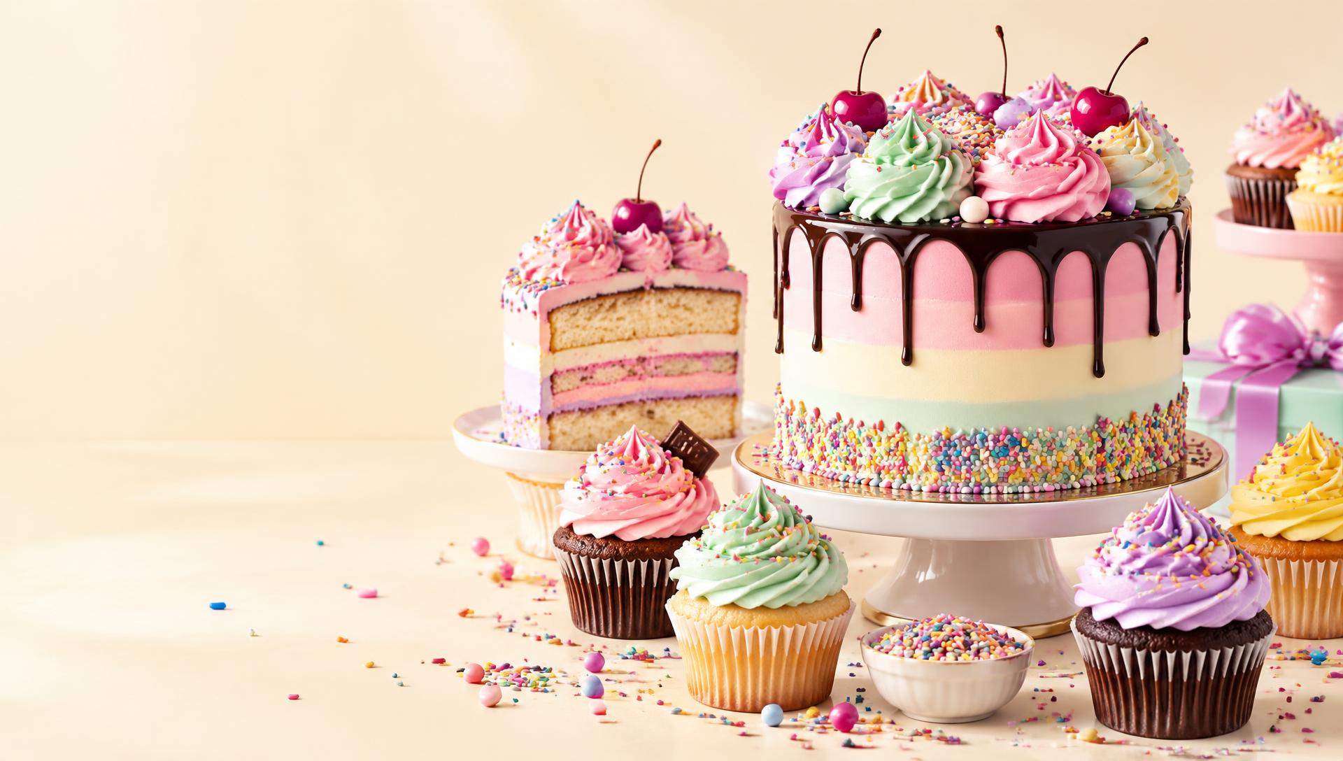 Colourful frosted cakes and cupcakes with sprinkles (illustrative)